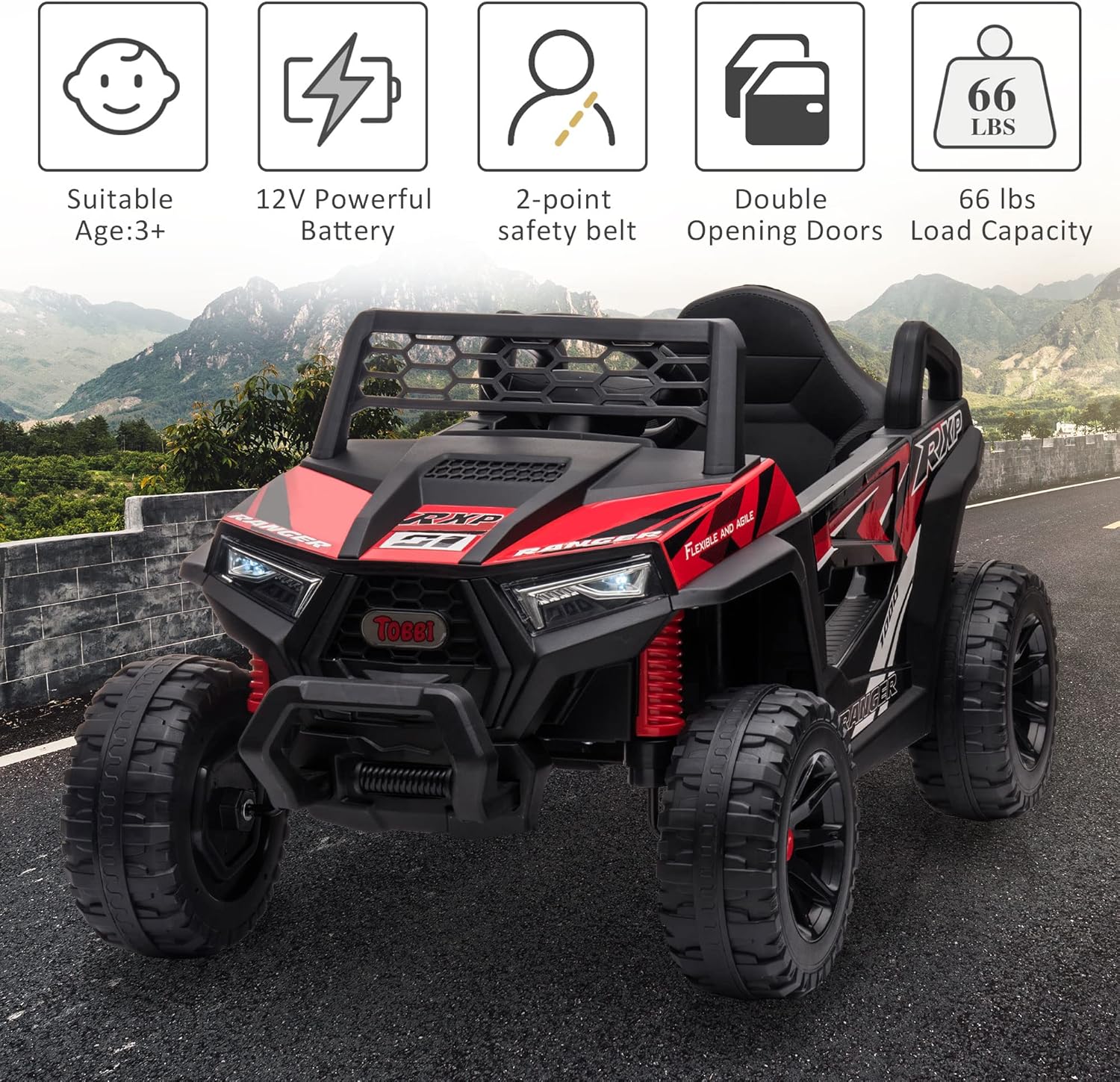 TOBBI 12V Kids Ride on Car Electric Off-Road UTV Truck with Diverse Functions Double Open Doors wourant