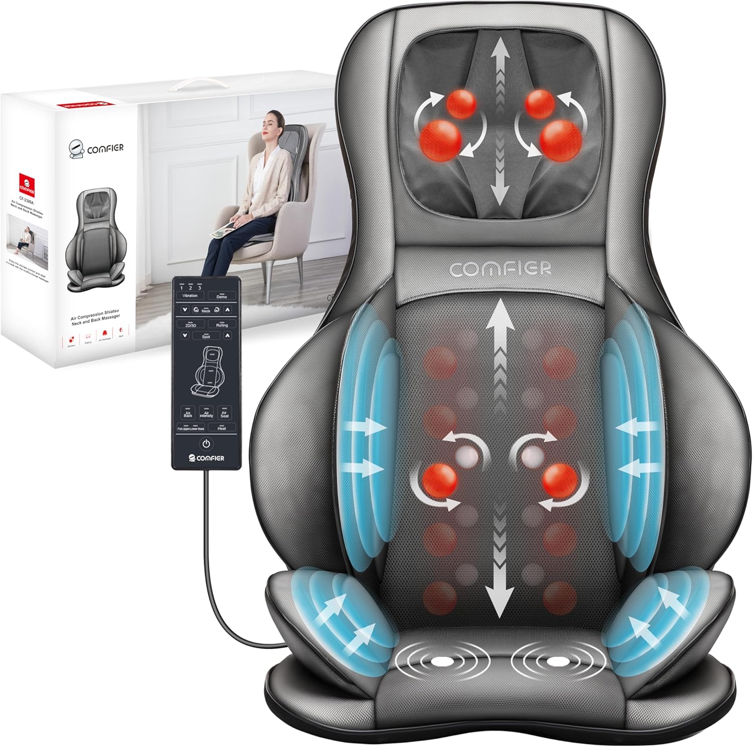 COMFIER Massager Chair with Heat Shiatsu Neck Back Massager Portable with Compress wourant