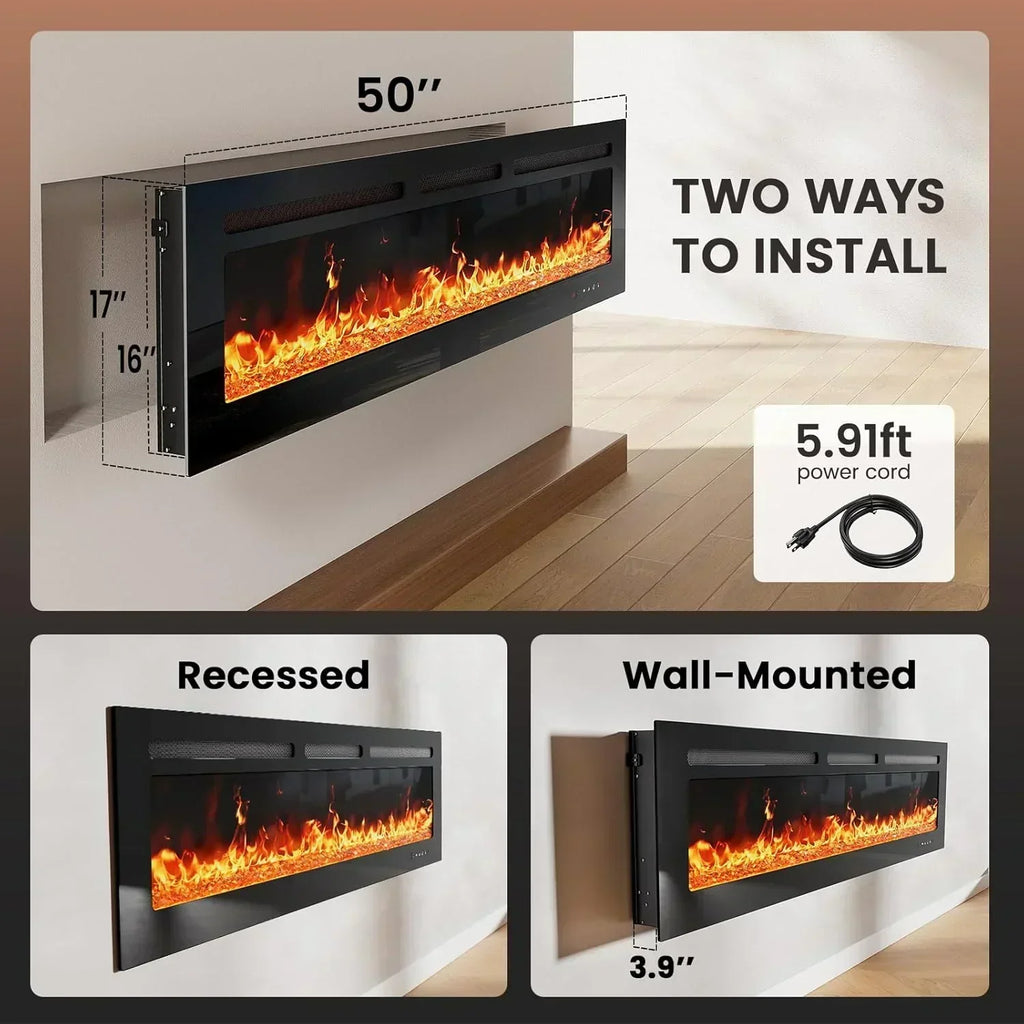 50" Smart Electric Fireplace 5300 BTU Heat Output Wall-Mount Built-In Electric Fireplace wourant