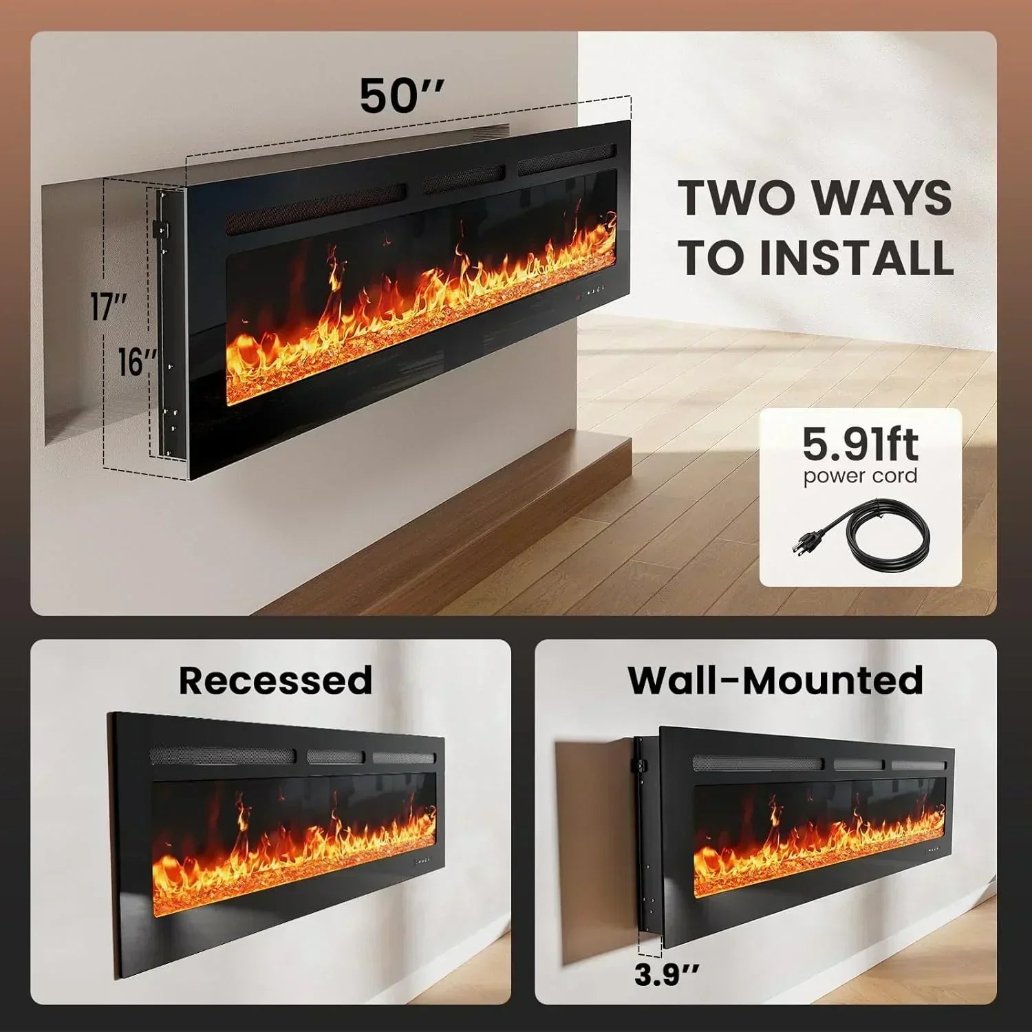 50" Smart Electric Fireplace 5300 BTU Heat Output Wall-Mount Built-In Electric Fireplace wourant