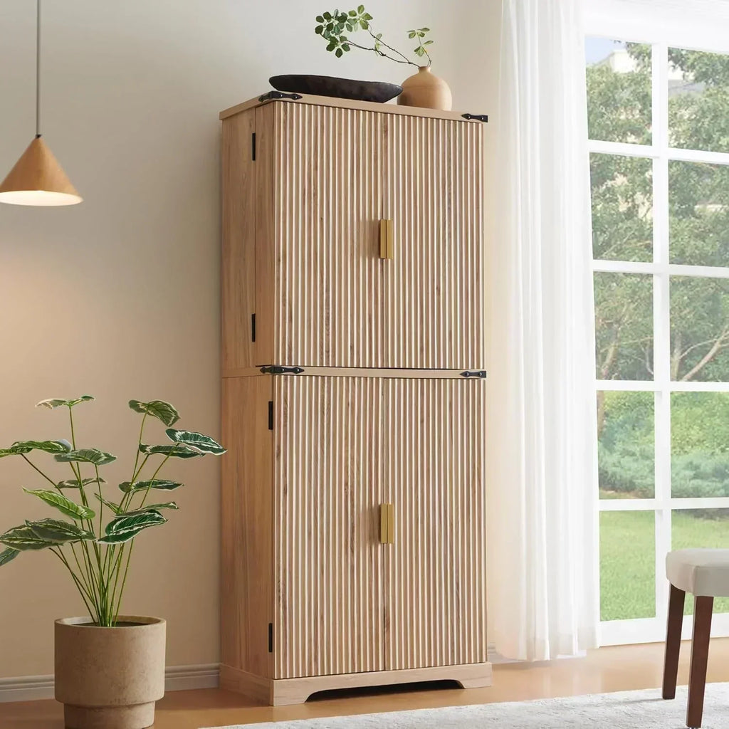 Fluted Pantry Cabinet 72" Tall Modern Storage Cabinet with 4 Doors Organizer Drawer wourant
