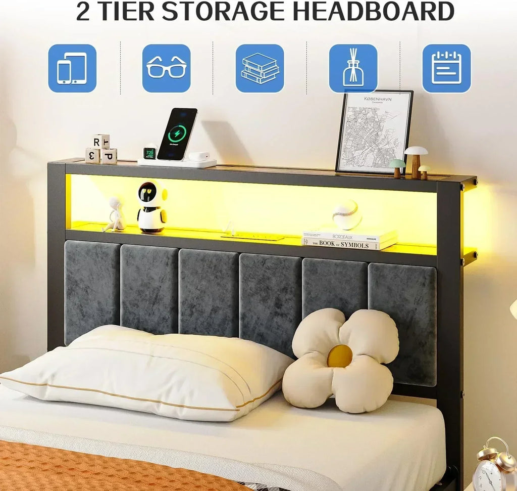 Queen Size Bed Frame with 2-Tier Storage Shelves Headboard Platform Bed with Charging Station wourant