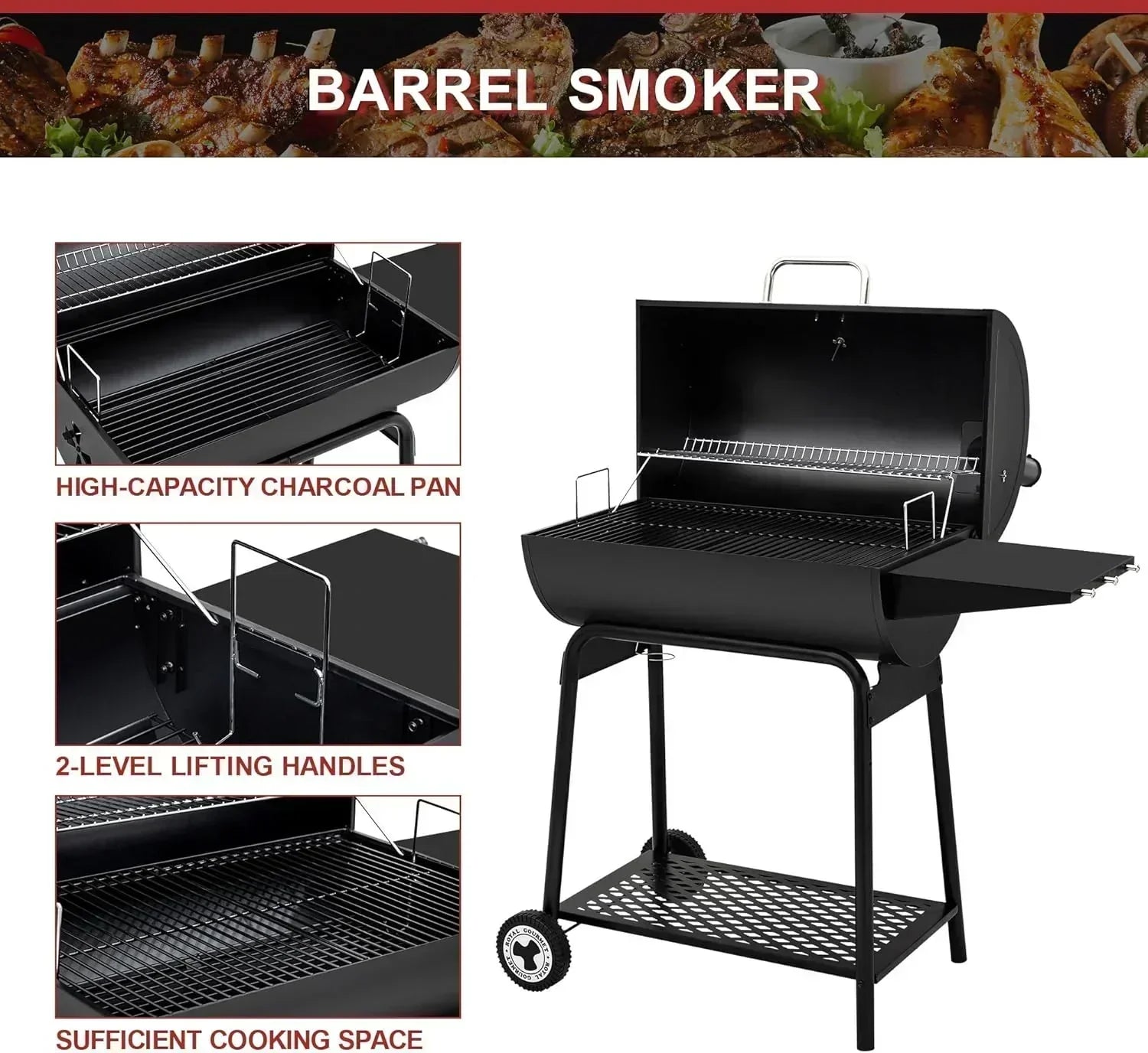 Royal Gourmet CC1830 30 Inch Barrel Charcoal Grill with Side Table Outdoor BBQ Grill  for Backyard wourant