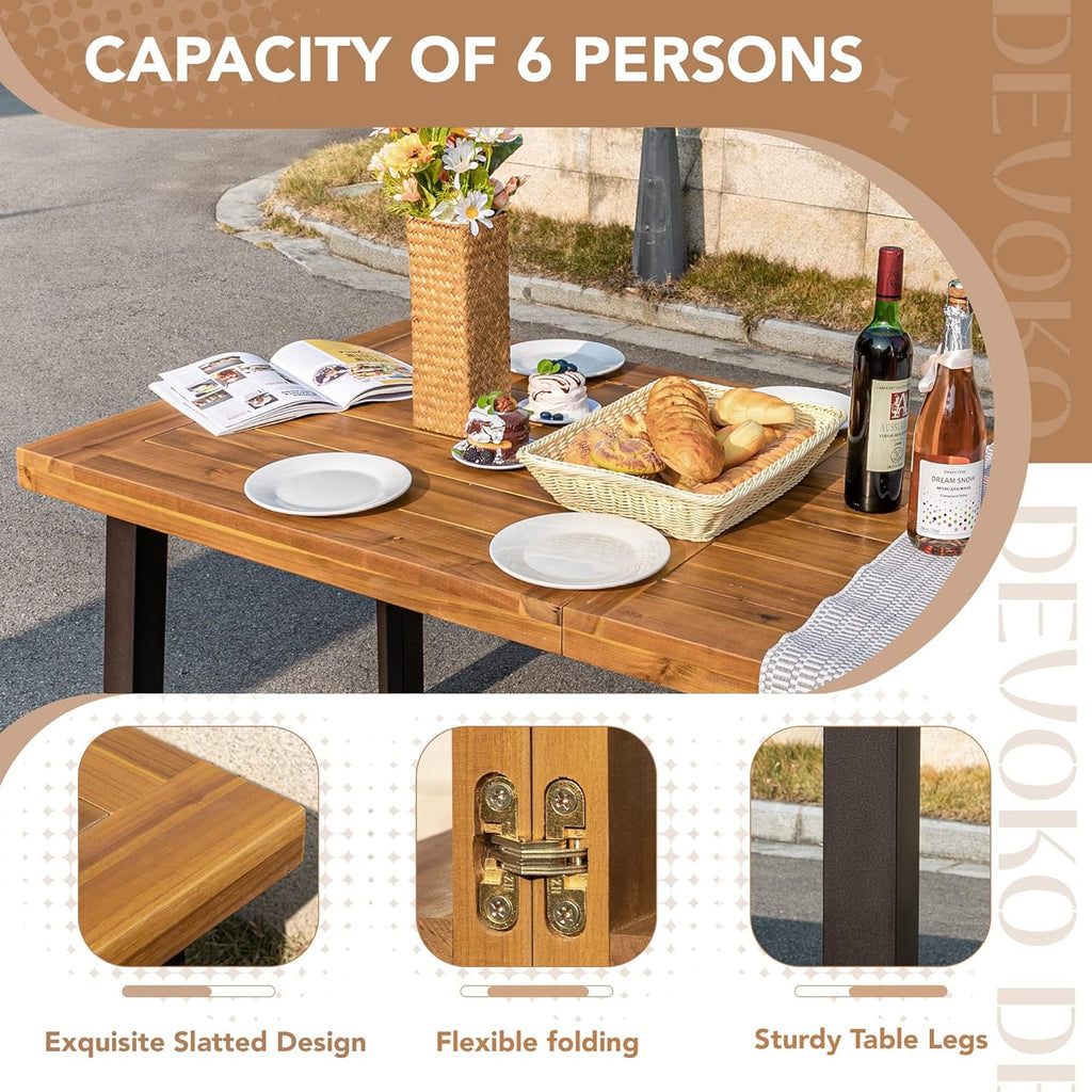 Devoko Home Acacia Wood Dining Table 6-Person Indoor Outdoor Table Iron Legs Sandblast Finish wourant