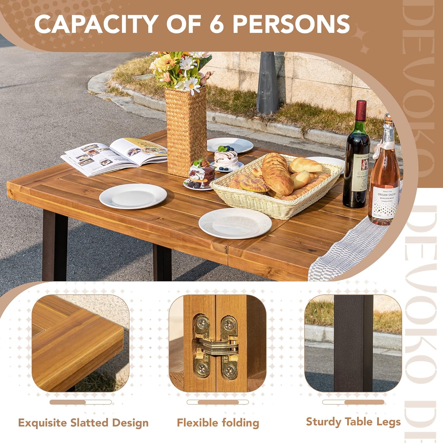 Devoko Home Acacia Wood Dining Table 6-Person Indoor Outdoor Table Iron Legs Sandblast Finish wourant