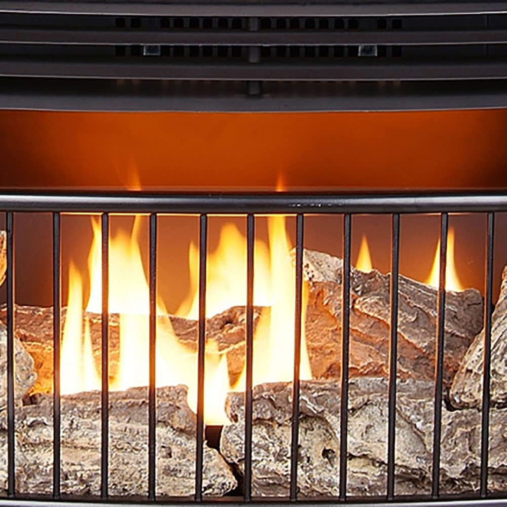Vent-free 25000 BTU space-saving freestanding dual-fuel fireplace with thermostat control wourant