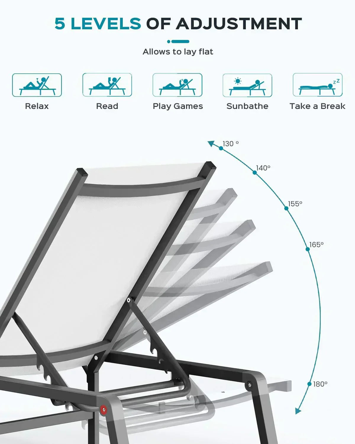 Aluminum Chaise Lounge Outdoor Foldable Assemble Free Outdoor Lounge Chair 5 Adjustable Backrest wourant