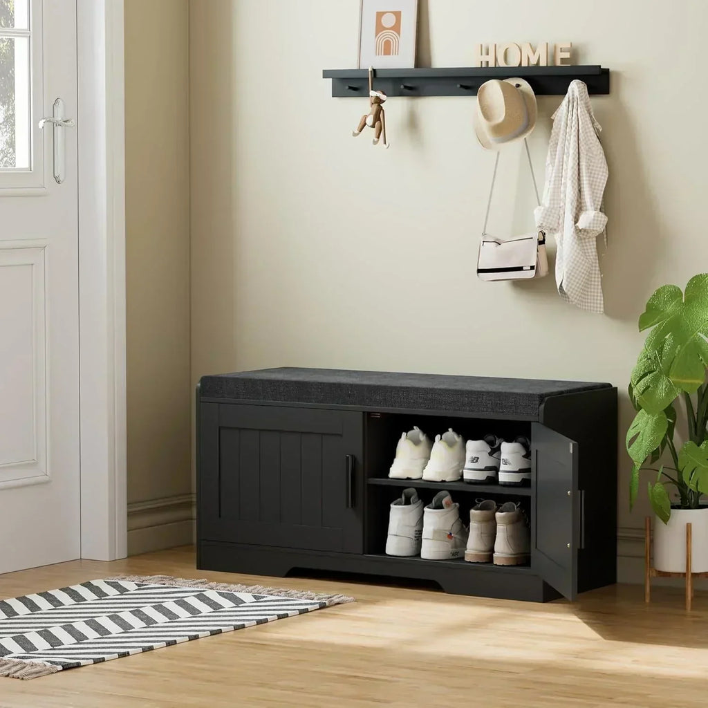 2-Tier Storage Bench Shoe Bench with Thickened Padded Seat Cushion Entryway Bench wourant