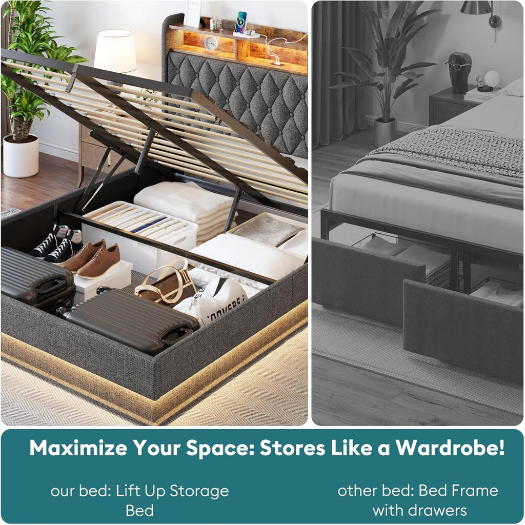 Queen Bed Frame with Storage Lift Up Queen Size Bed Frame Headboard Upholstered Platform Bed wourant