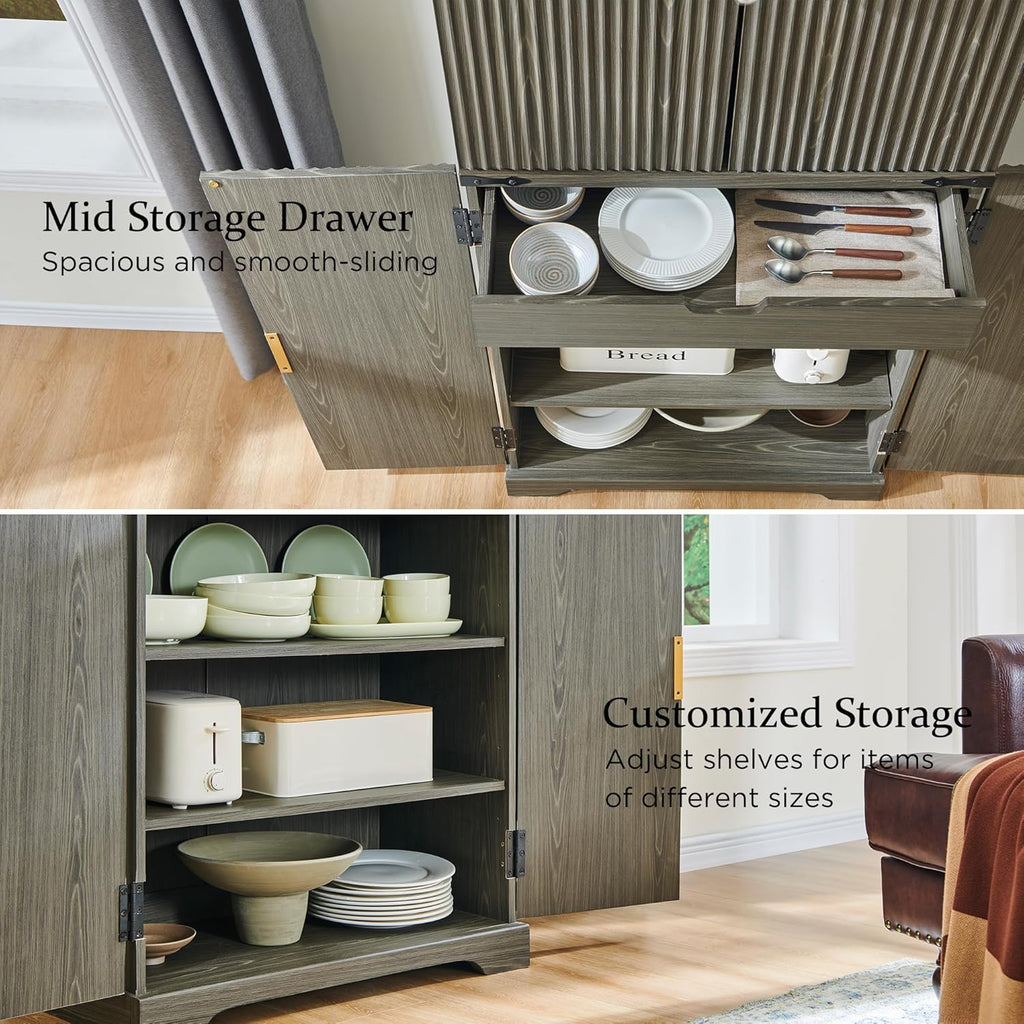 Fluted Pantry Cabinet 72" Tall Modern Storage Cabinet with 4 Doors Organizer Drawer wourant