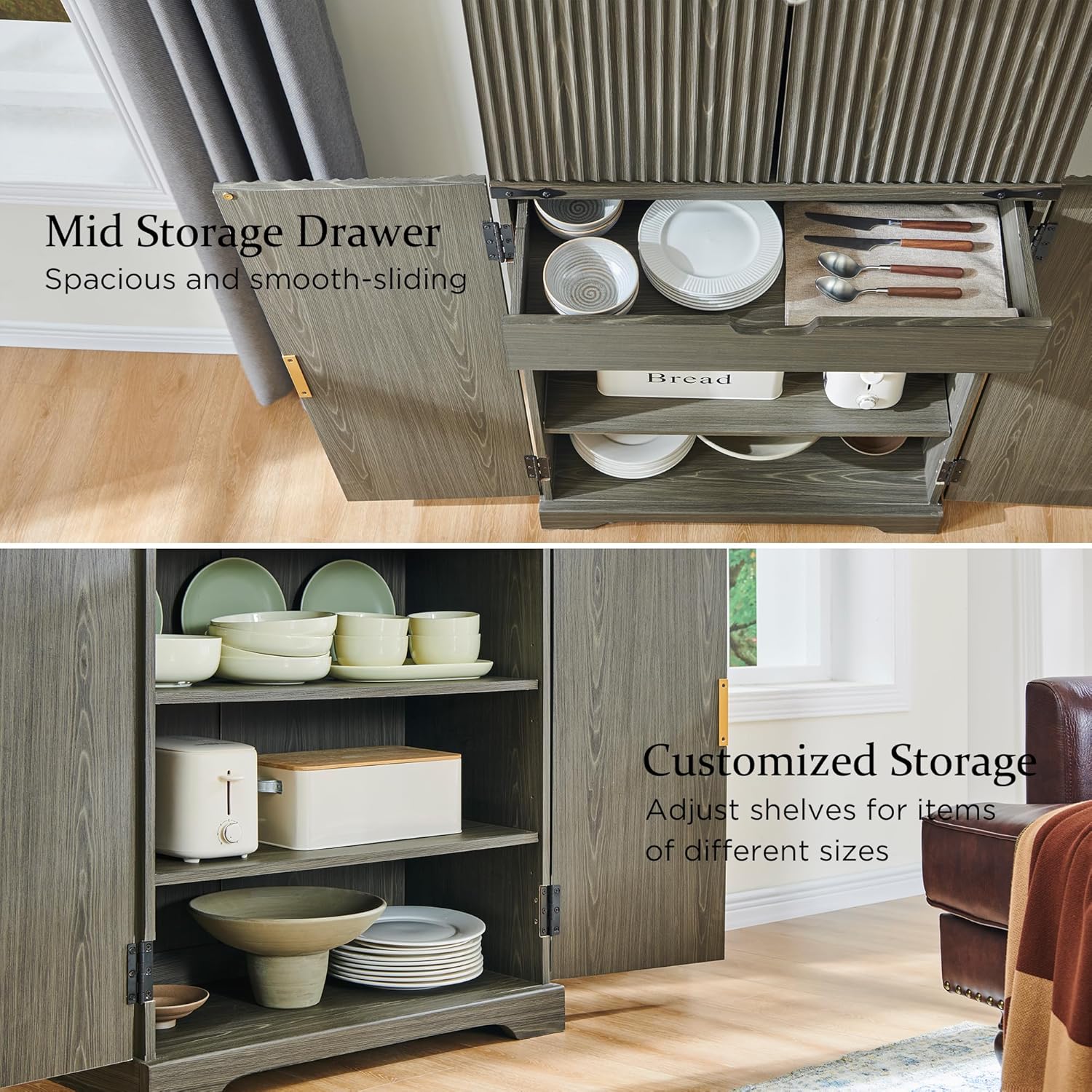 Fluted Pantry Cabinet 72" Tall Modern Storage Cabinet with 4 Doors Organizer Drawer wourant