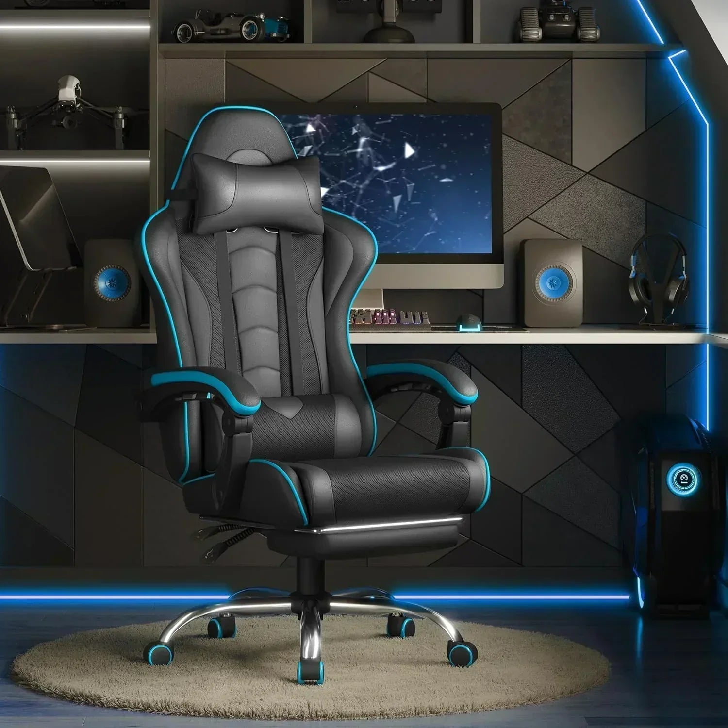 Gaming Chair with Massage Lumbar Support and Footrest Height Office Gaming Chair wourant