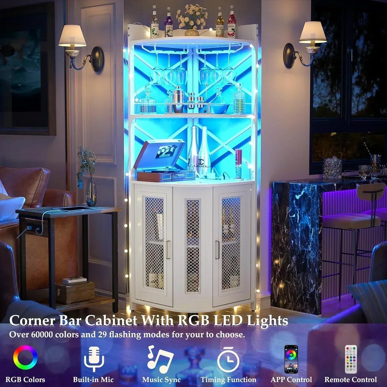 Corner bar cabinet with power socket industrial style wine cabinet light strip and glass rack wourant
