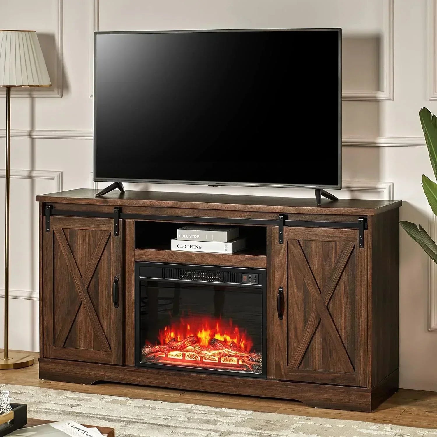AMERLIFE Fireplace TV Stand with Sliding Barn Door  Farmhouse 63" Fireplace Entertainment Center wourant