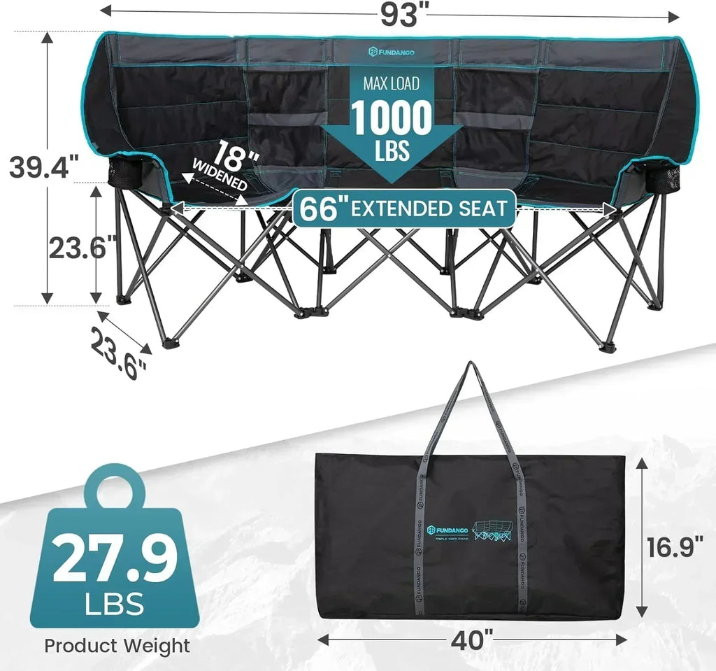 Double Camping Chair Cooler 3-Person Folding Extra Large Camping Chair 1000-Pound Capacity wourant