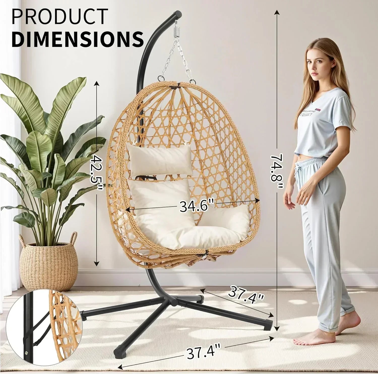 Egg Chair with Stand Patio Wicker Hanging Chair Hammock Swing Chair 350LBS Capacity for Bedroom wourant