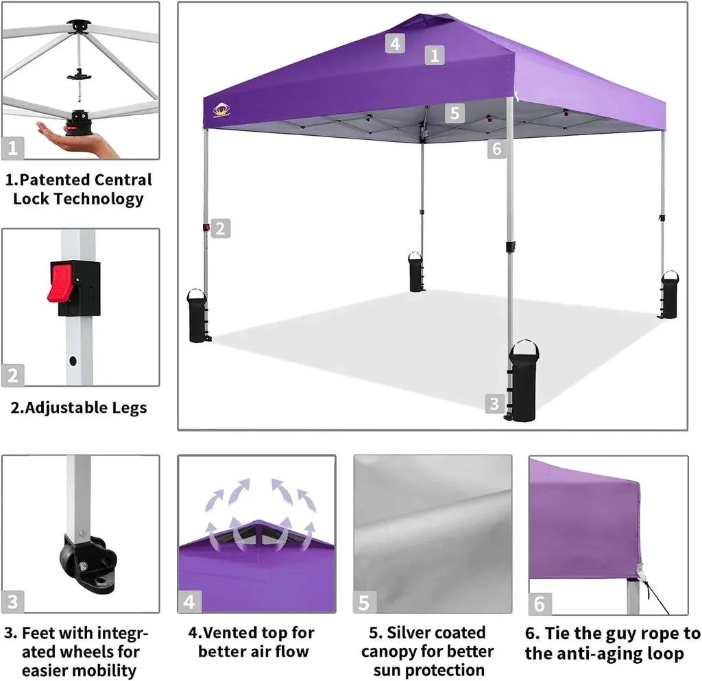 10x10 Pop-Up Awning One-Click Installation Beach Tent Outdoor Sunshade Silver Coated Top wourant