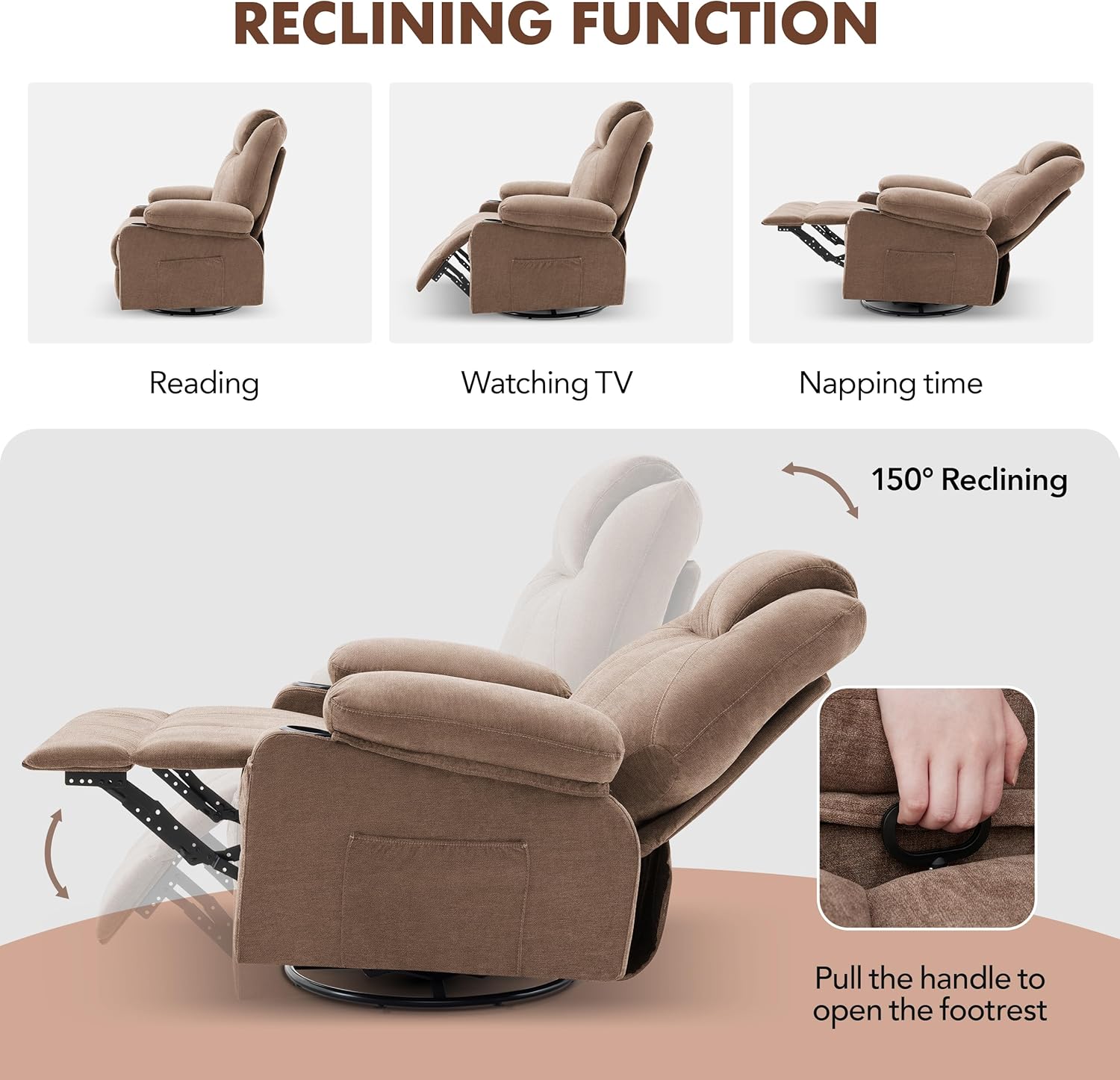 Large Swivel Rocking Recliner with Massage Function 360 Degree Swivel Rocking Single Sofa wourant