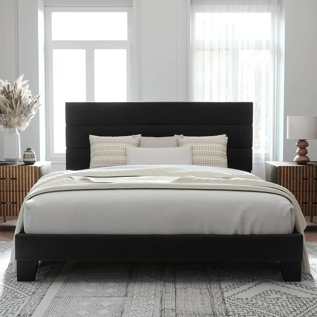 Allewie Queen Size Platform Bed Frame with Fabric Upholstered Headboard Wooden Slats Support wourant
