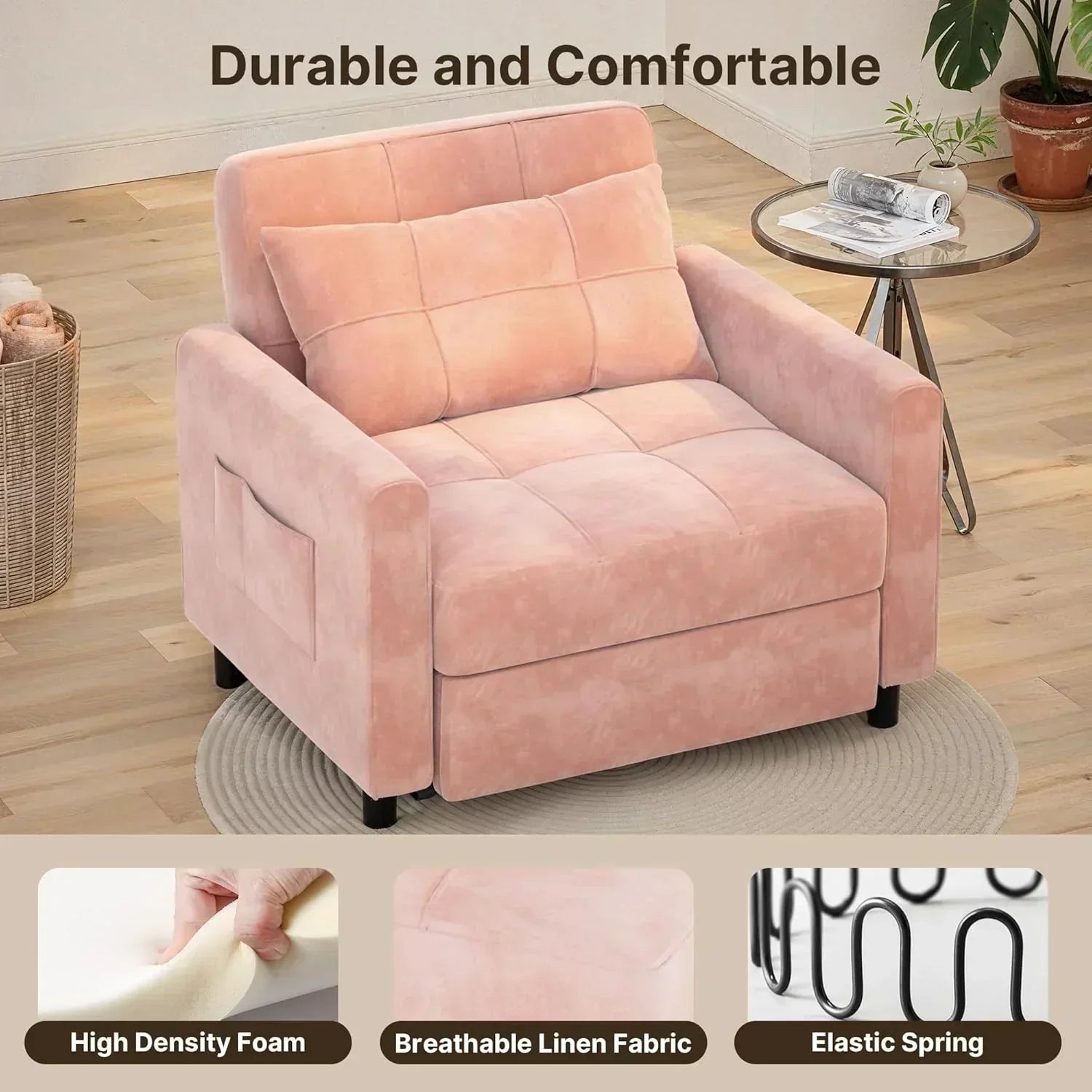 Sofa Bed Chair 3 in 1 Convertible Pullout Single Sleeper Chair Bed Spacious Multifunctional Sofa wourant