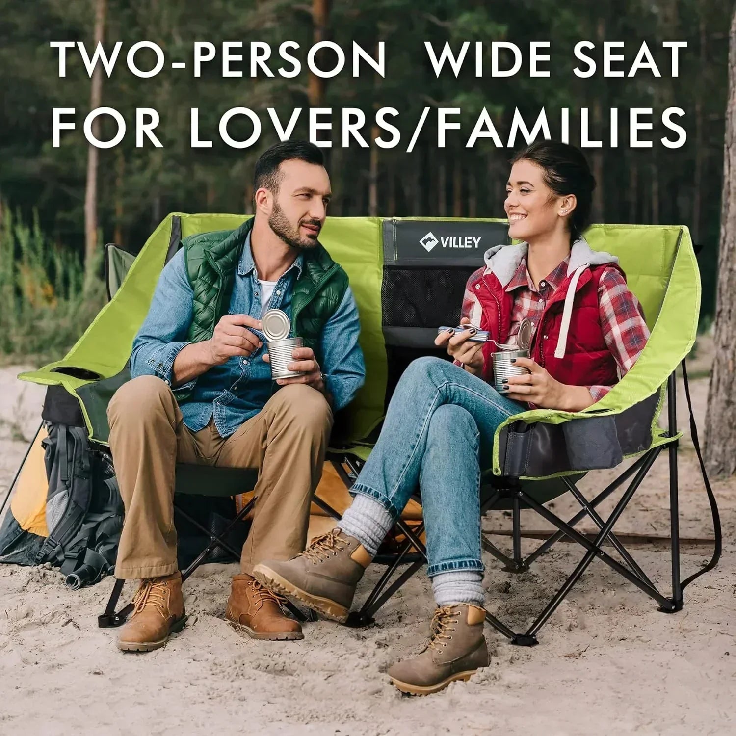 Double camping chair extra wide love seat heavy duty padded camping sofa portable folding chair wourant