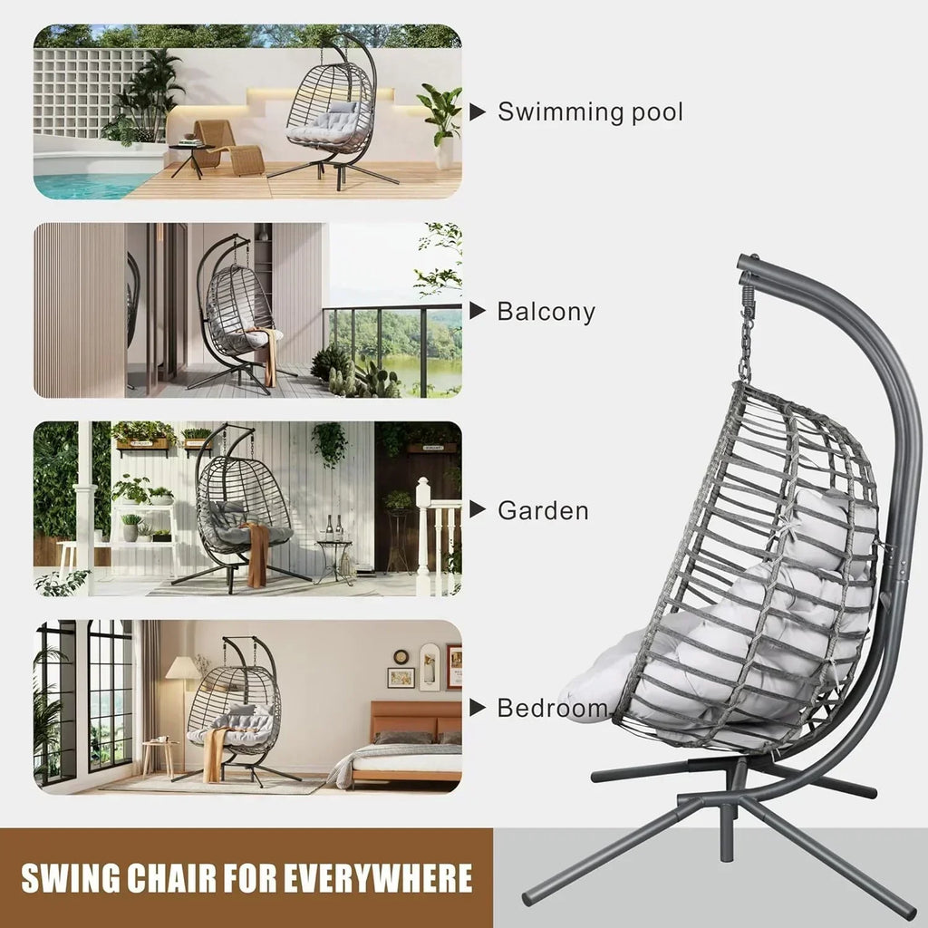 HWB Hanging Egg Chair with Stand Patio Wicker Hammock Egg Swing Chair Cushion for Bedroom wourant