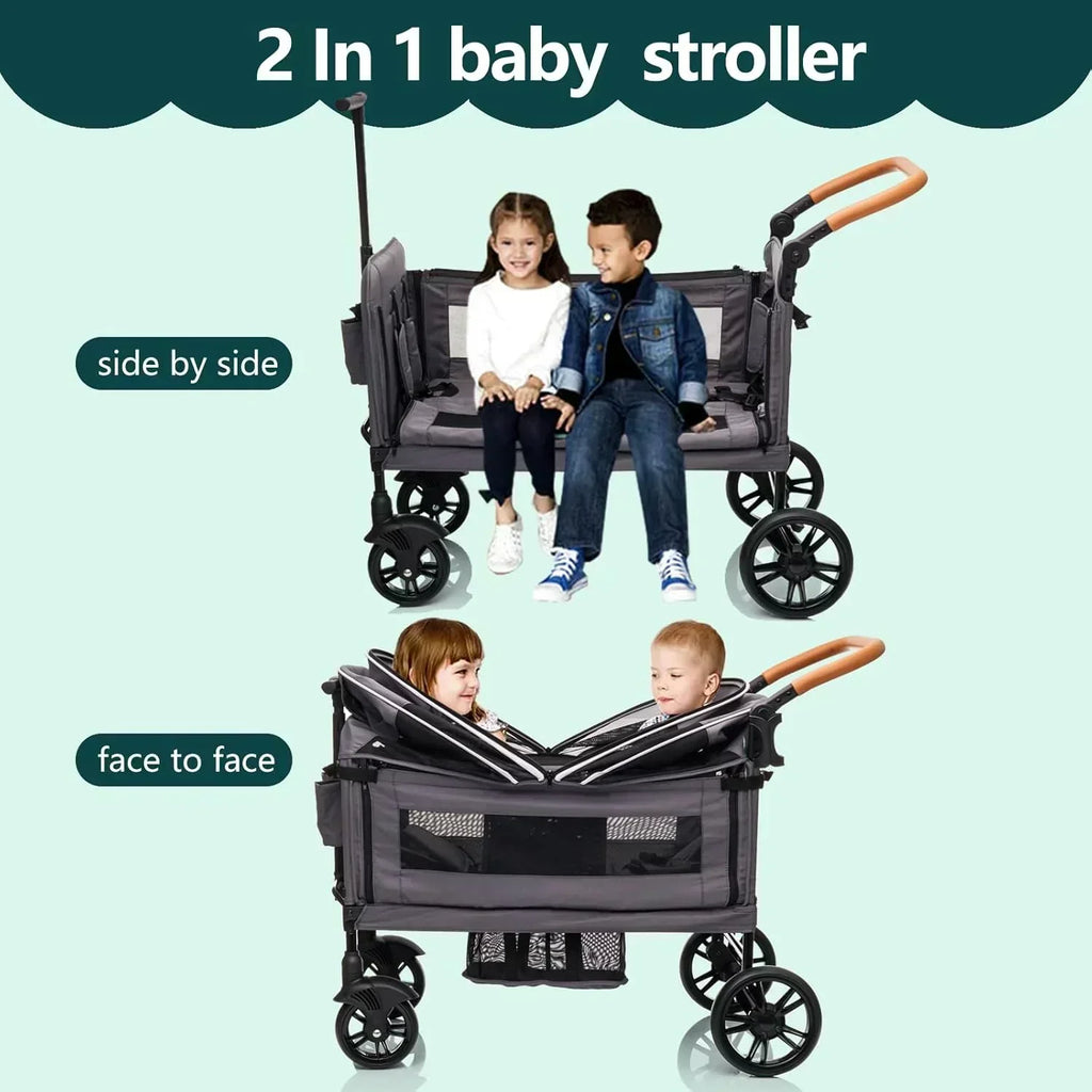 Wagon Stroller for 2 Kids Cargo-Travel Stroller Push-Pull Double Wagon Lightweight Folding Stroller wourant