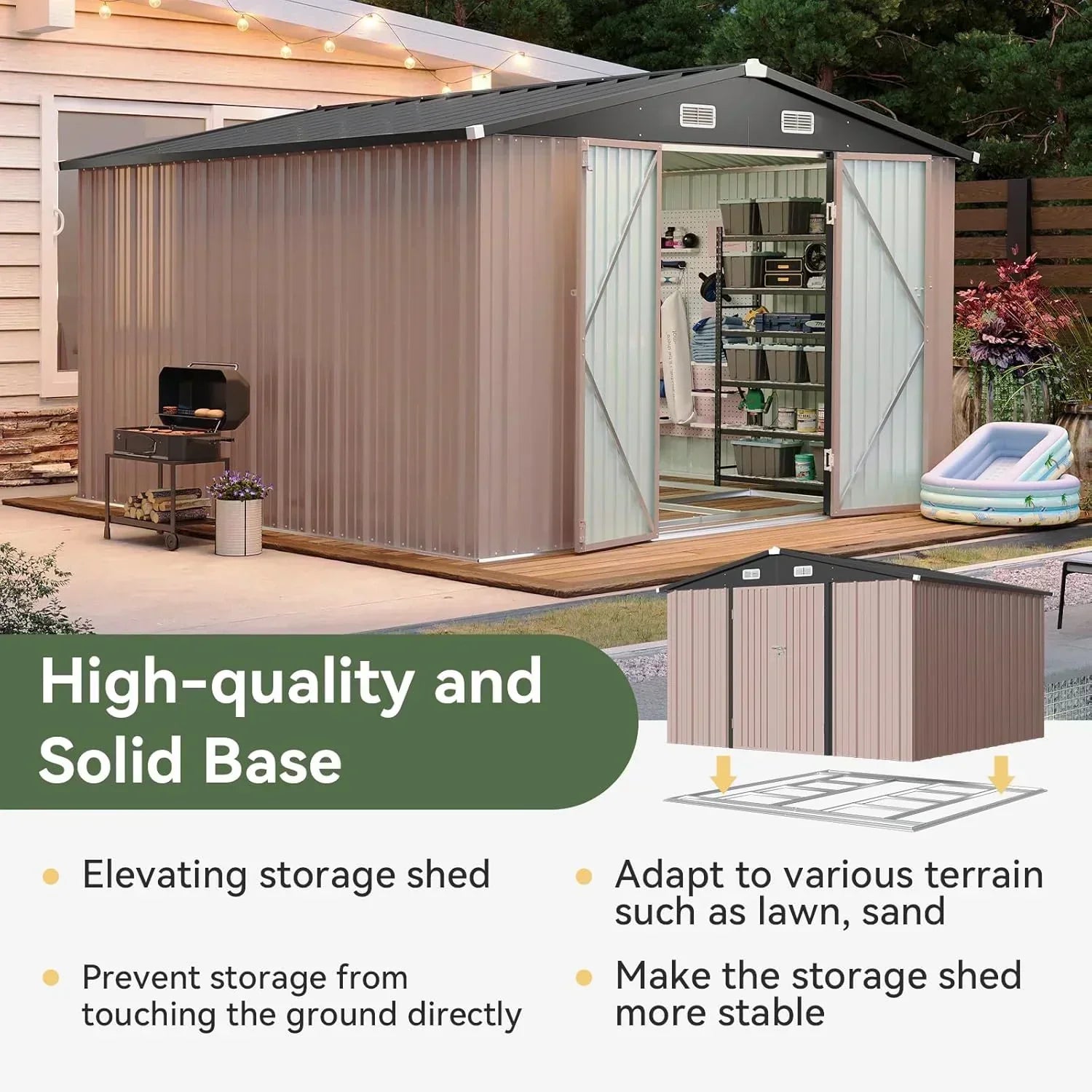 Aoxun 12x10 FT Shed Metal Outdoor Waterproof Storage Shed Steel Utility Garden Tool Shed wourant