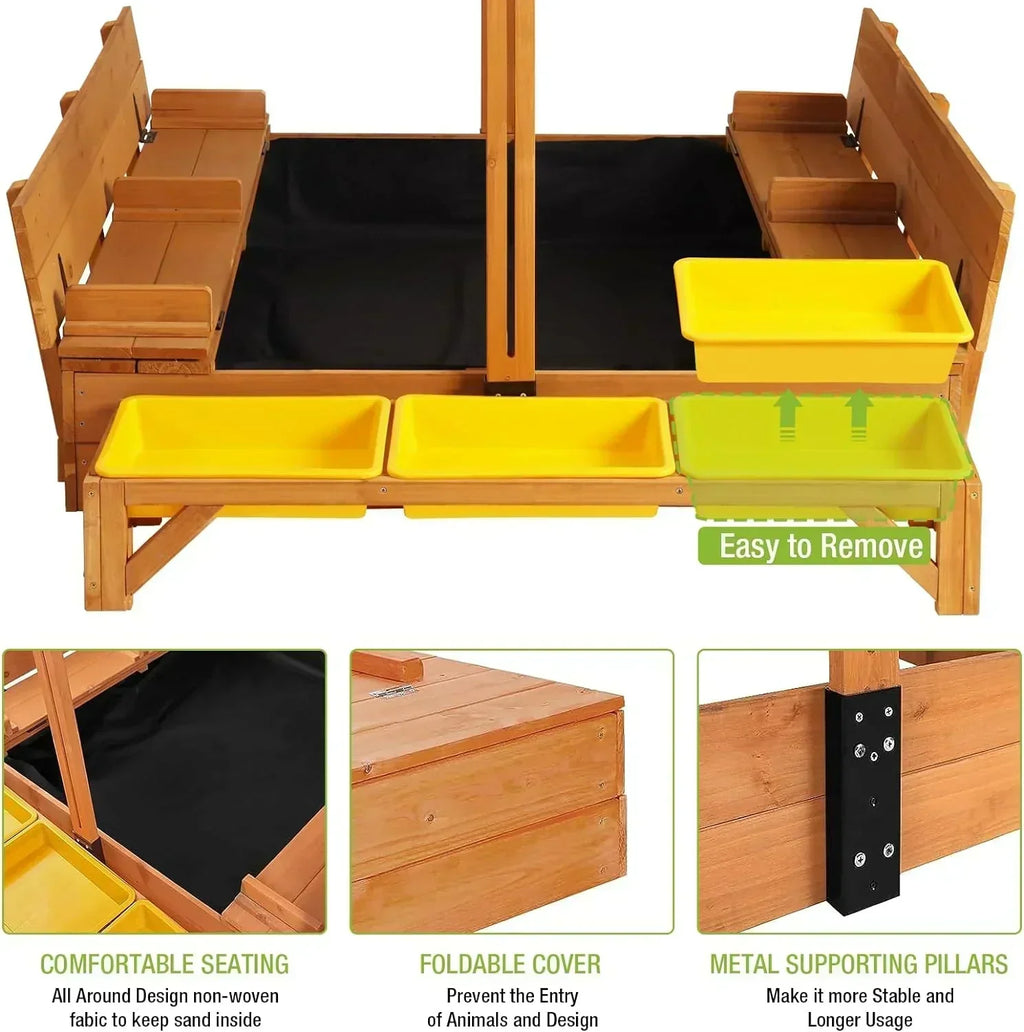 Kids Wooden Outdoor Sandbox Canopy 2 Foldable Bench Seats Retractable Roof Sand Protection Liner wourant