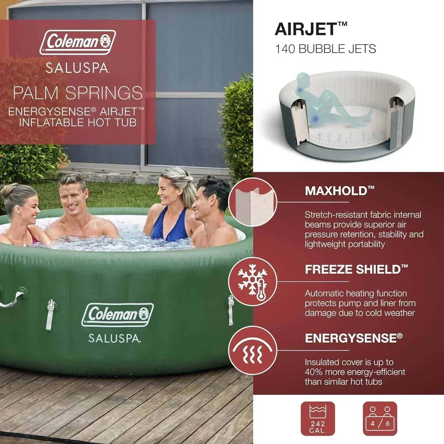 Bestway Palm Springs 4 to 6 Person EnergySense Smart AirJet Plus Inflatable Hot Tub Outdoor Spa wourant
