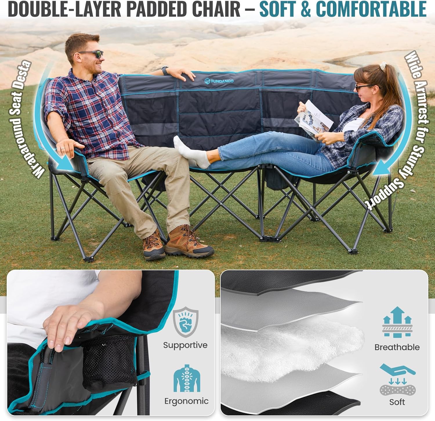 Double Camping Chair Cooler 3-Person Folding Extra Large Camping Chair 1000-Pound Capacity wourant