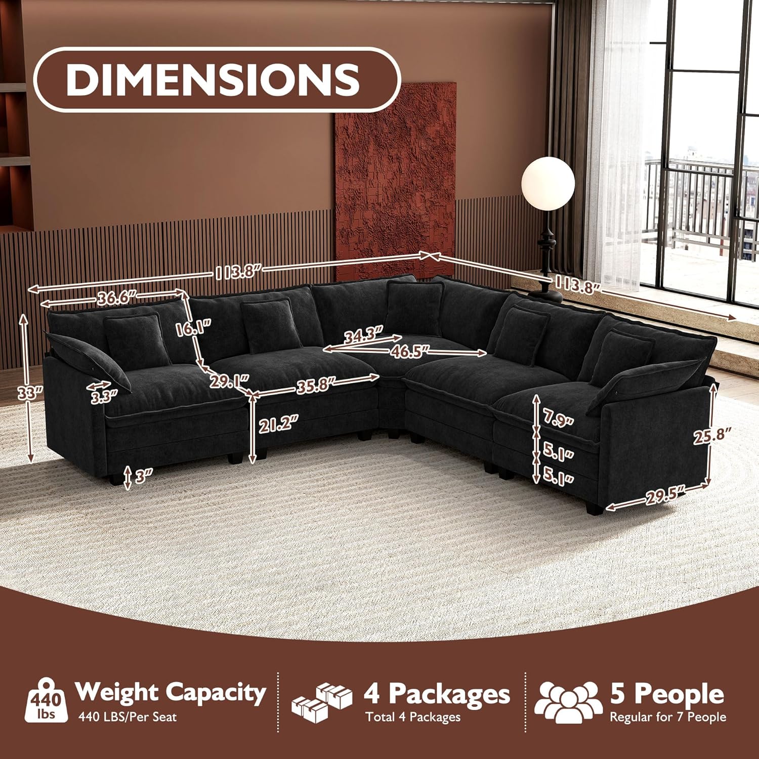 ihanherry 146-inch U-shaped modern sofa modular area cloud sofa wourant