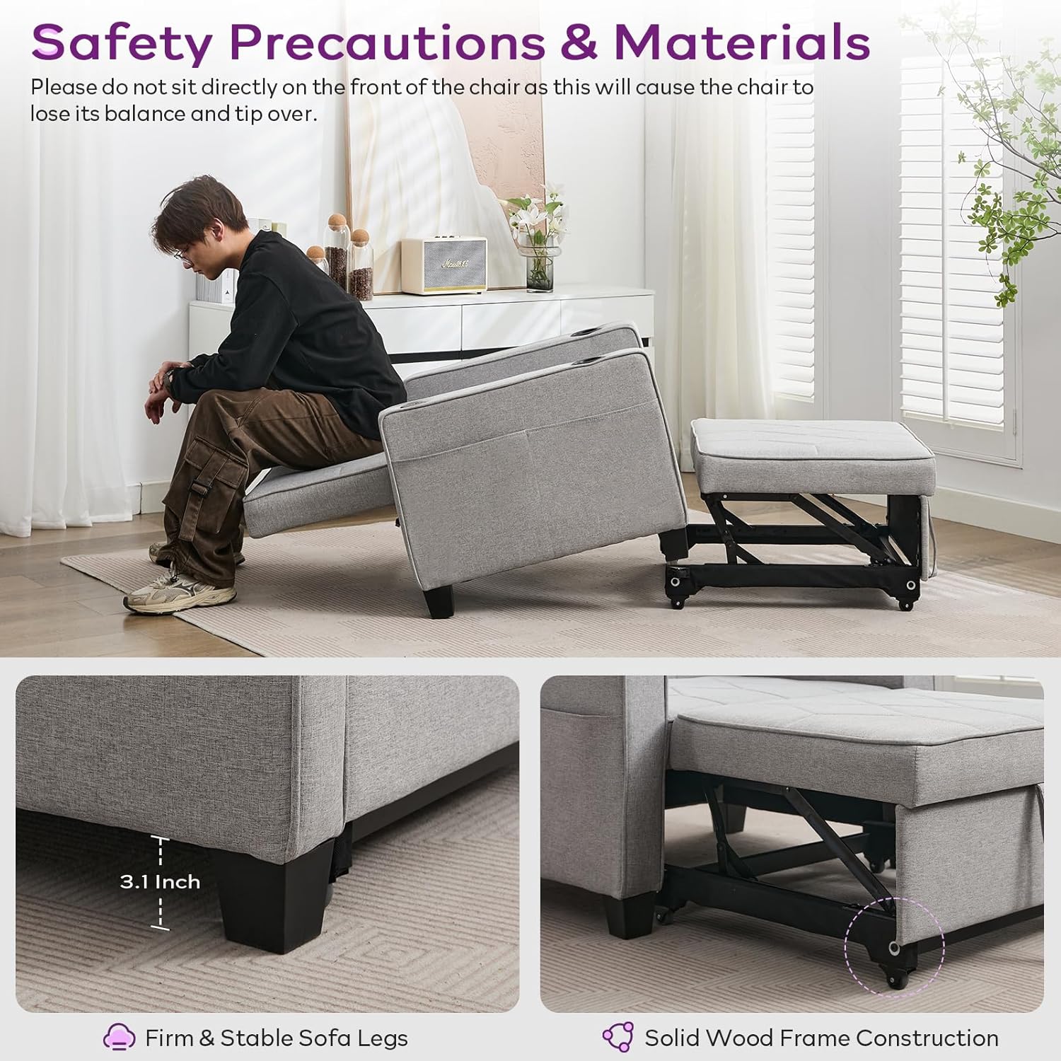 Adult Convertible Sleeper Chair Bed 3-in-1 Pull-Out Sofa Bed with USB/Type-C Ports Cup Holders wourant