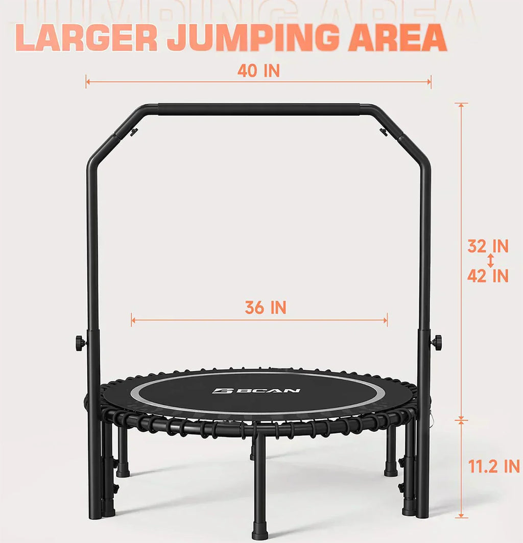 BCAN 450/550 LBS Foldable Mini Trampoline Fitness Trampoline Bungees Adjustable Foam Handle wourant