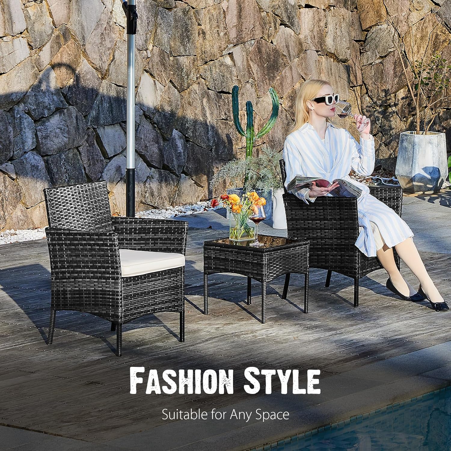 Sweetcripy Patio Furniture Set 3 Pieces Outdoor Furniture with Soft Cushion and Glass Table wourant