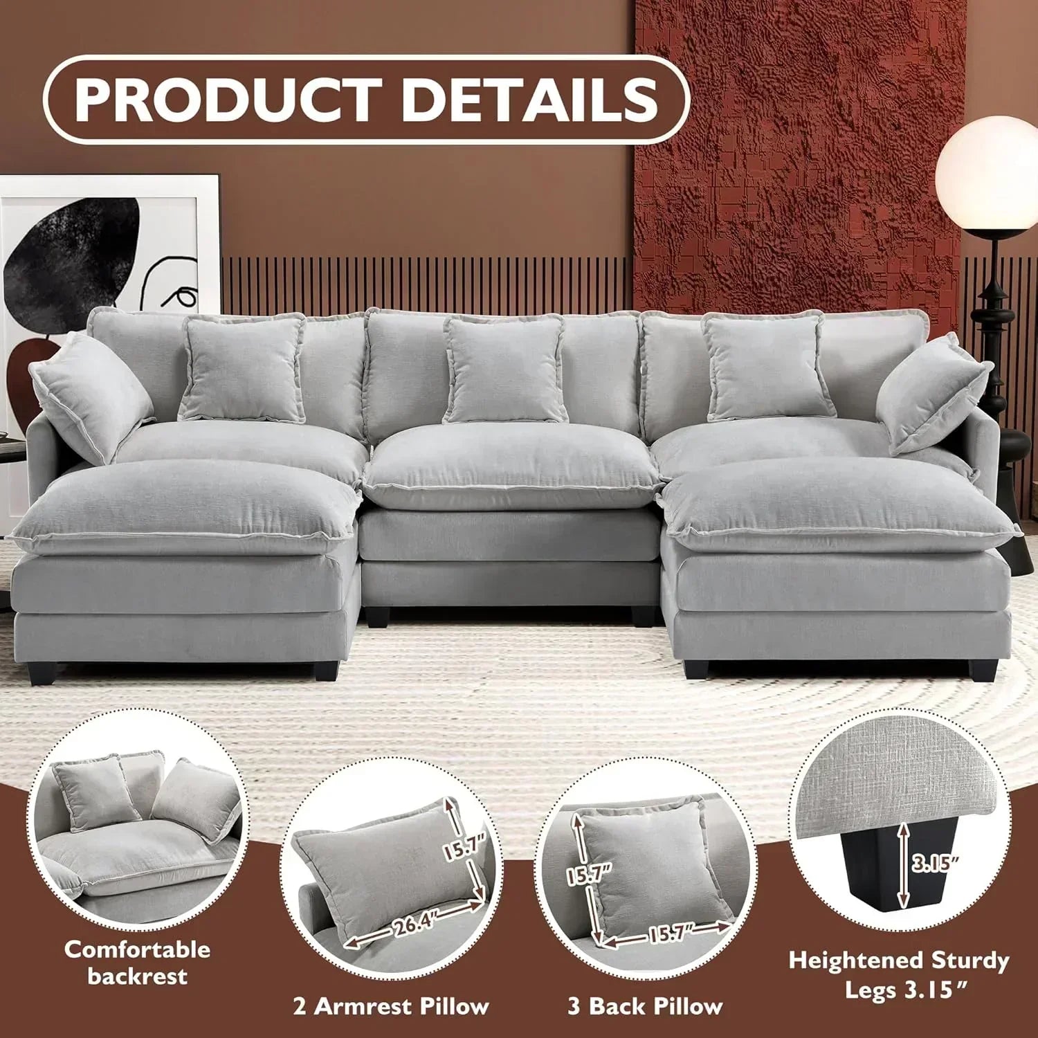 111.4 Inch L Shaped Modern Sofa Modular Cloud Sofa with Ottoman 4 Seater Chenille Deep Seat Sofa wourant