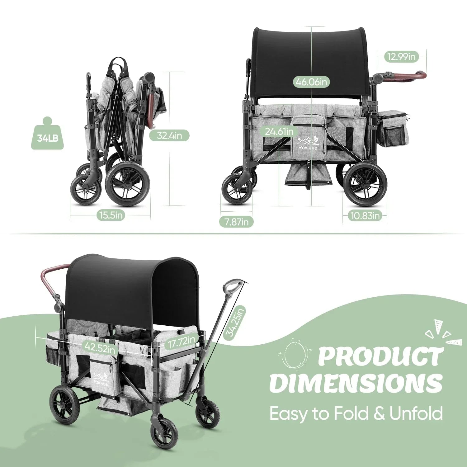Wagon Stroller for 2 Kids Premium Wagon for Kids with Removable Canopy Snack Tray wourant