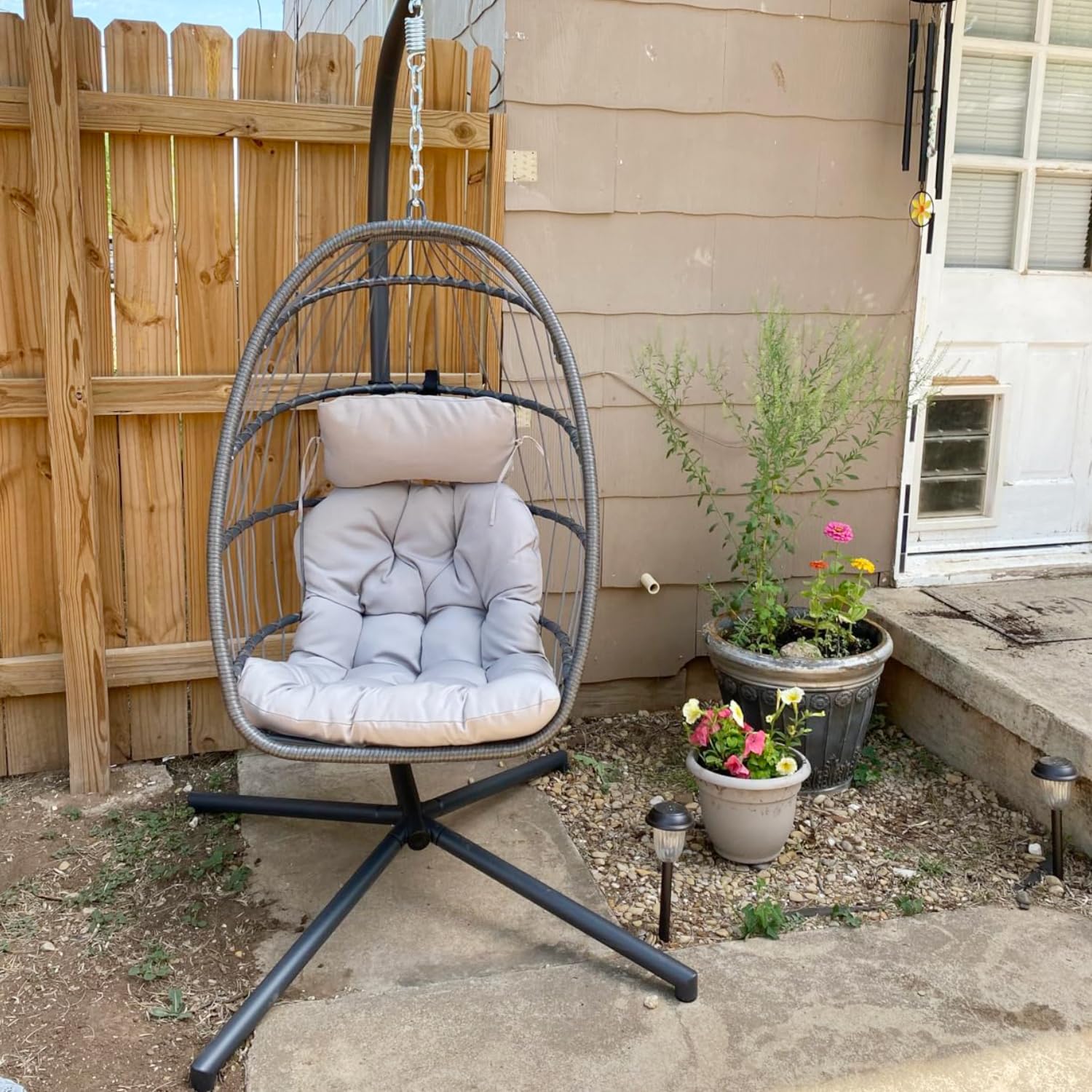 Yechen Indoor Outdoor Egg Hanging Chair Stand Patio Wicker Swing Egg Chair Swinging Chair wourant