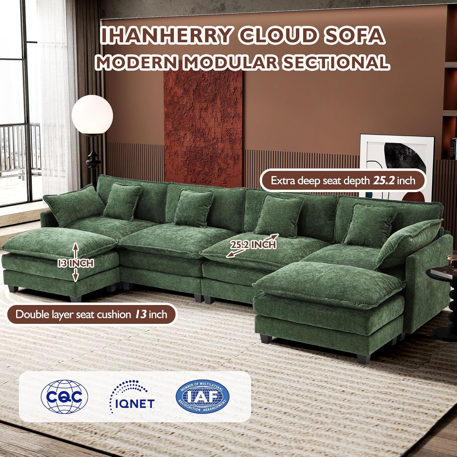111.4 Inch L Shaped Modern Sofa Modular Cloud Sofa with Ottoman 4 Seater Chenille Deep Seat Sofa wourant