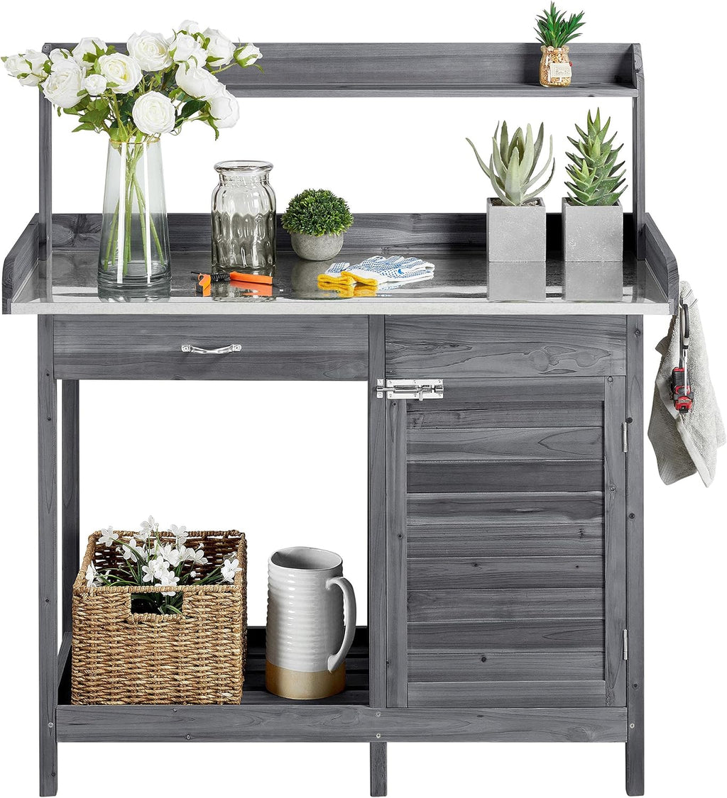 Yaheetech Outdoor Garden Potting Bench Table Work Bench Metal Tabletop Cabinet Drawer wourant