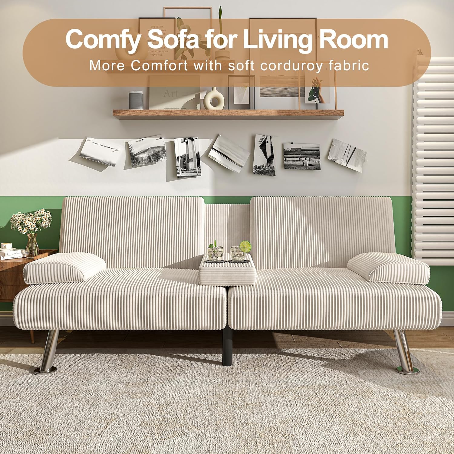 Shahoo Modern Linen Upholstered Convertible Folding Futon Sofa Bed with Removable Armrests wourant