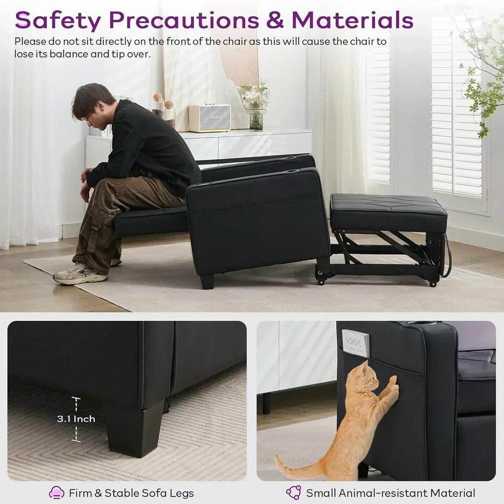 Adult Convertible Sleeper Chair Bed 3-in-1 Pull-Out Sofa Bed with USB/Type-C Ports Cup Holders wourant