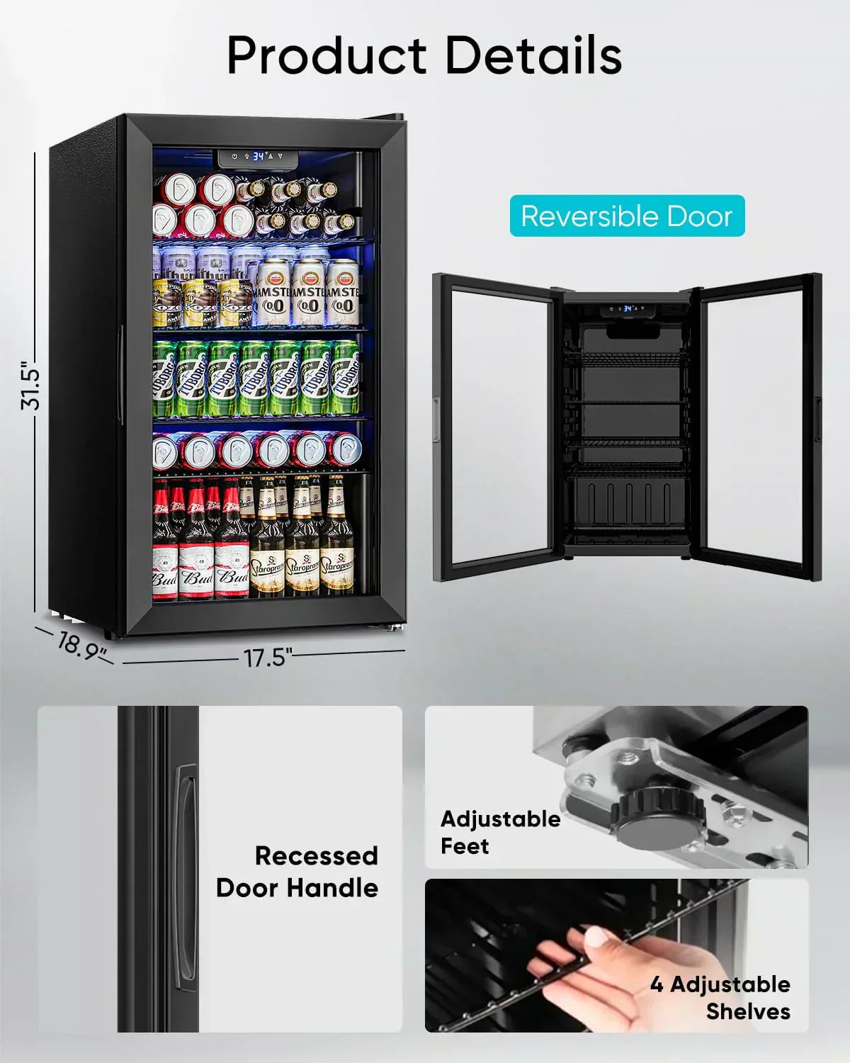 Beverage Refrigerator Cooler 126 Can Mini Fridge Glass Door for Drinks Soda Beer Wine Refrigerator wourant