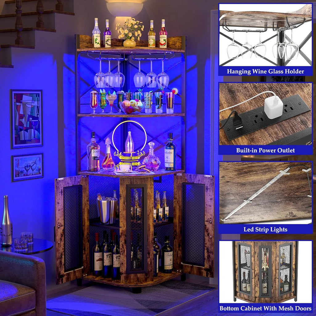 Corner bar cabinet with power socket industrial style wine cabinet light strip and glass rack wourant