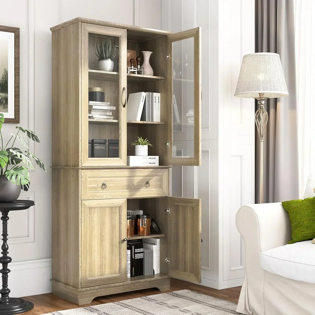 Kitchen Hutch Pantry Cabinet 71" Tall with Glass Doors wourant