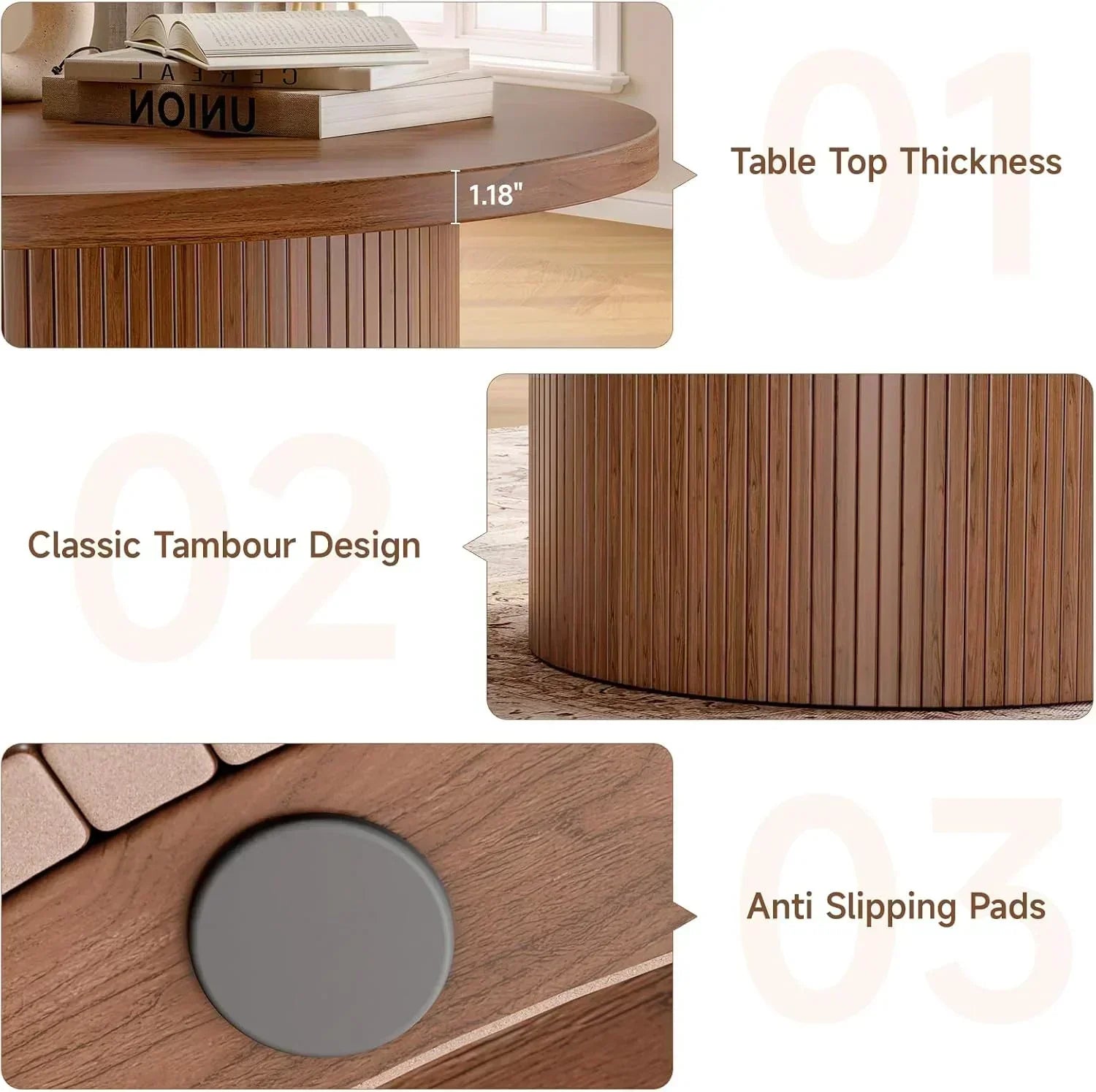 31.5 inch round coffee table living room roll-up coffee table mid-century modern wood coffee table wourant