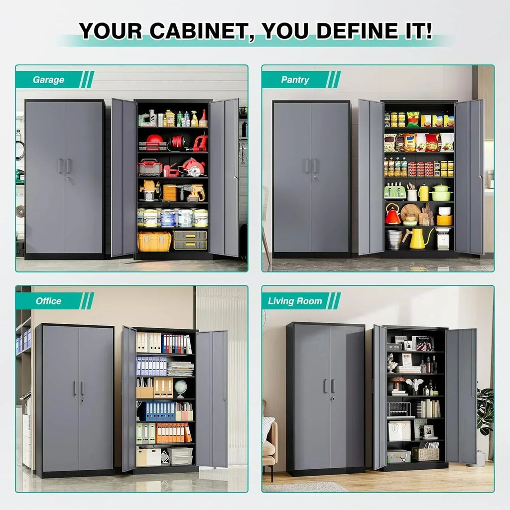 Metal Storage Cabinet with 2 Doors and 6 Shelves Black Metal Cabinet Garage Storage Cabinet wourant
