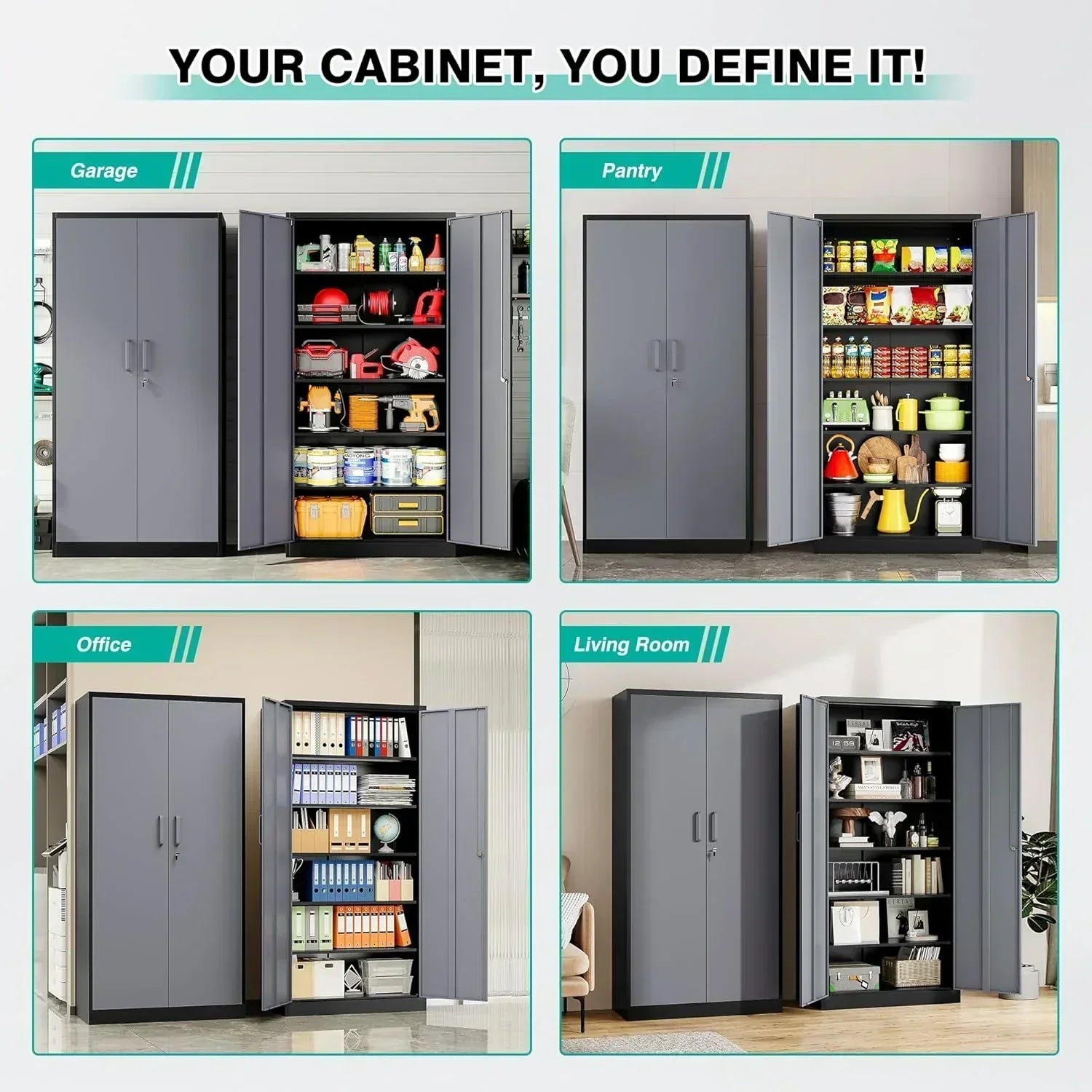 Metal Storage Cabinet with 2 Doors and 6 Shelves Black Metal Cabinet Garage Storage Cabinet wourant