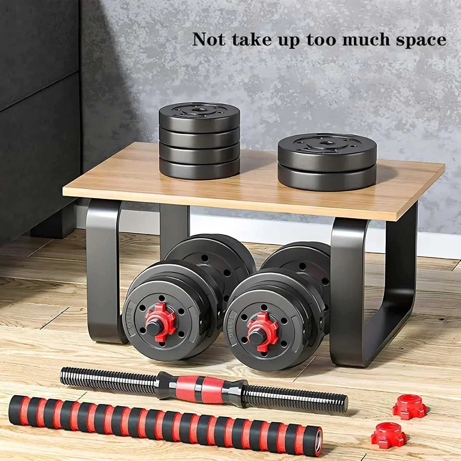 Adjustable dumbbell set, free weight dumbbell pair convertible into barbell wourant