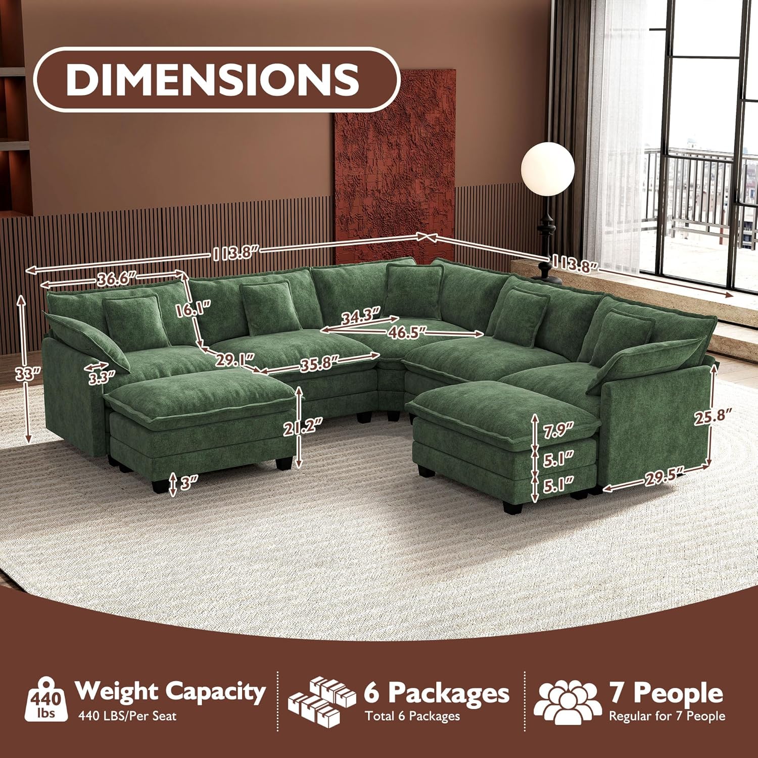 ihanherry 146-inch U-shaped modern sofa modular area cloud sofa wourant